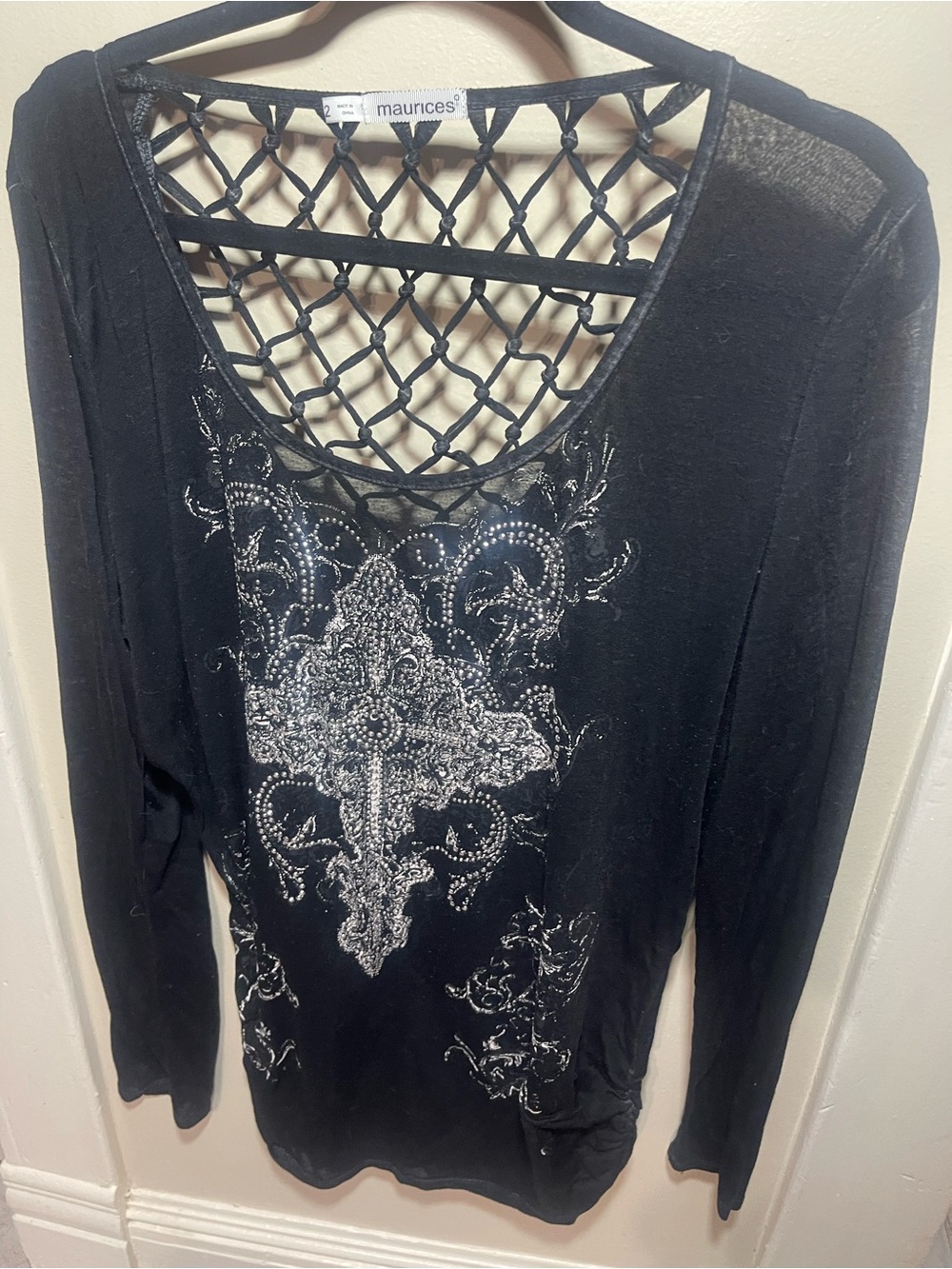 maurices Black Long-Sleeve Top with Silver Embellished Front and Lattice Back